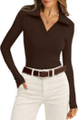 WIHOLL Womens Polo Shirts Long Sleeve Business Casual Tops Collared V Neck Ribbed Knit Sweater Slim Fit Blouses - 7DAY'S