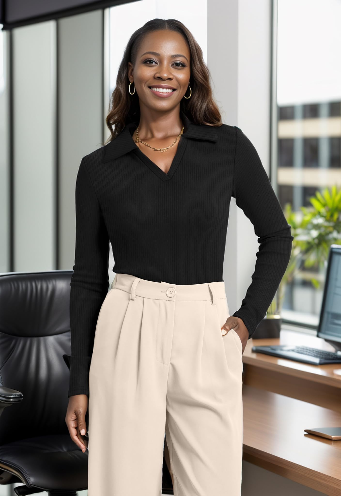 WIHOLL Womens Polo Shirts Long Sleeve Business Casual Tops Collared V Neck Ribbed Knit Sweater Slim Fit Blouses - 7DAY'S