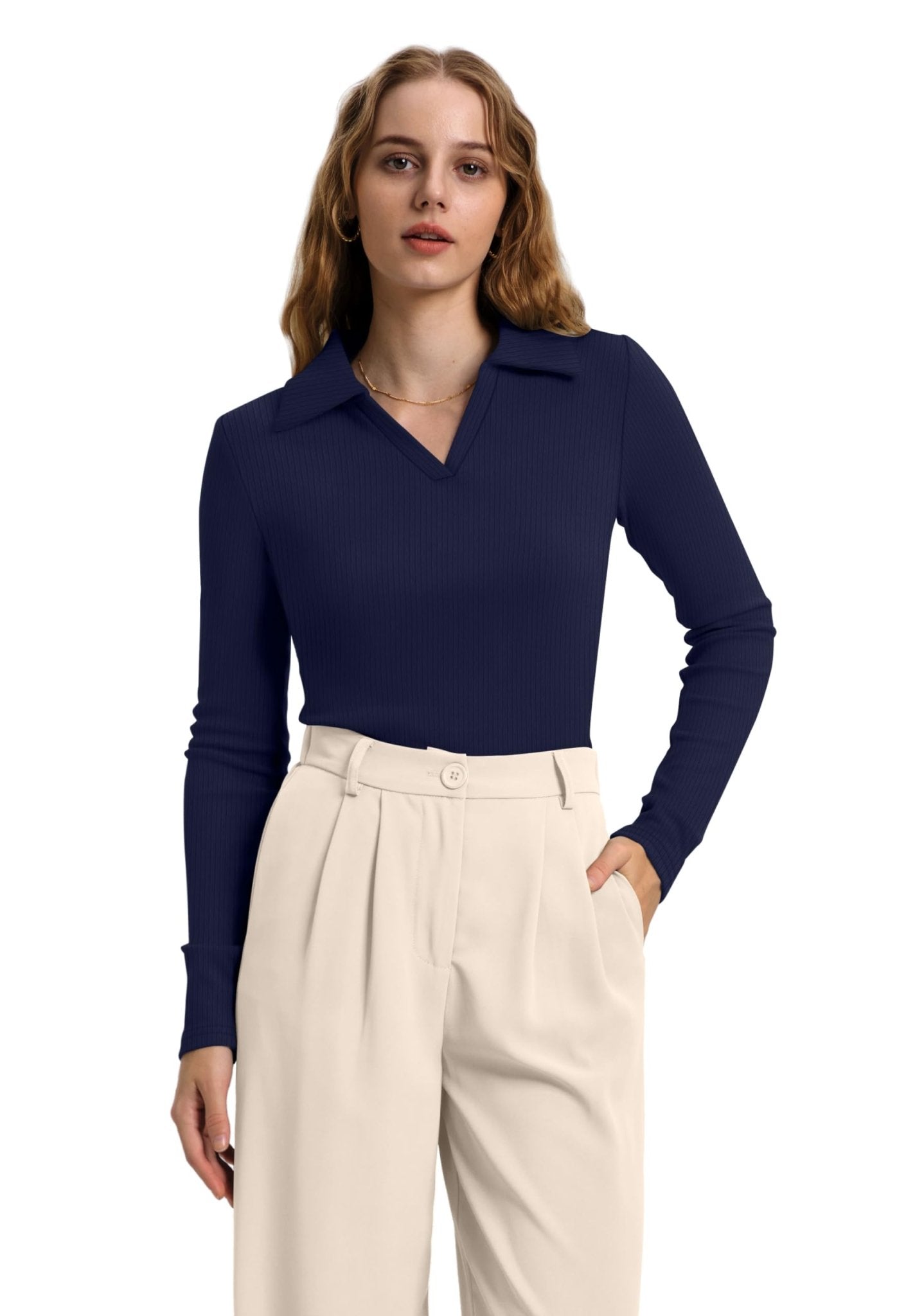 WIHOLL Womens Polo Shirts Long Sleeve Business Casual Tops Collared V Neck Ribbed Knit Sweater Slim Fit Blouses - 7DAY'S