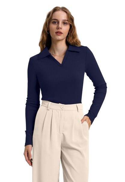 WIHOLL Womens Polo Shirts Long Sleeve Business Casual Tops Collared V Neck Ribbed Knit Sweater Slim Fit Blouses - 7DAY'S
