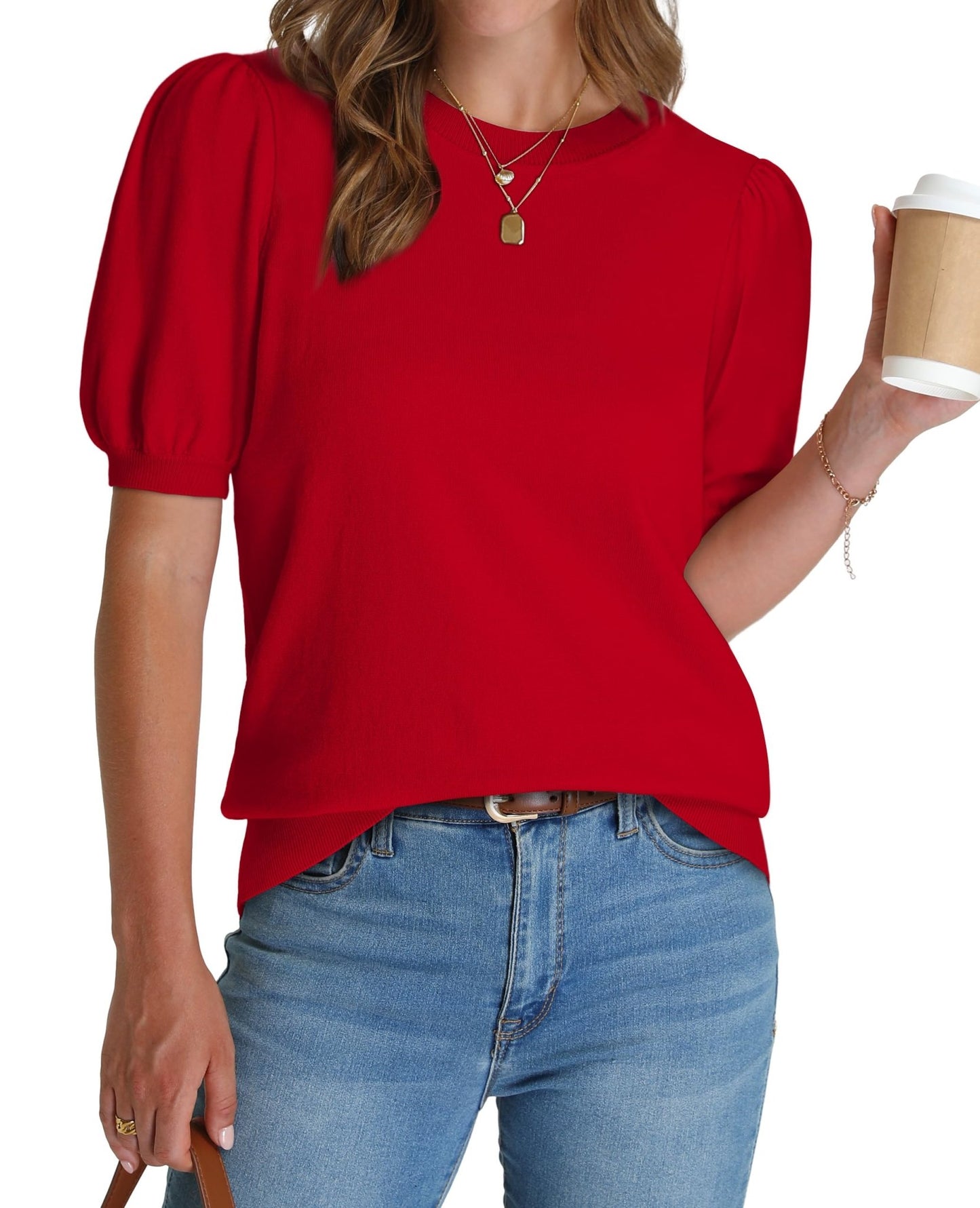 WIHOLL Women's Puff Short Sleeve Sweater 2025 Spring Summer Tops Trendy Business Casual Outfits Work Blouses Clothes - 7DAY'S