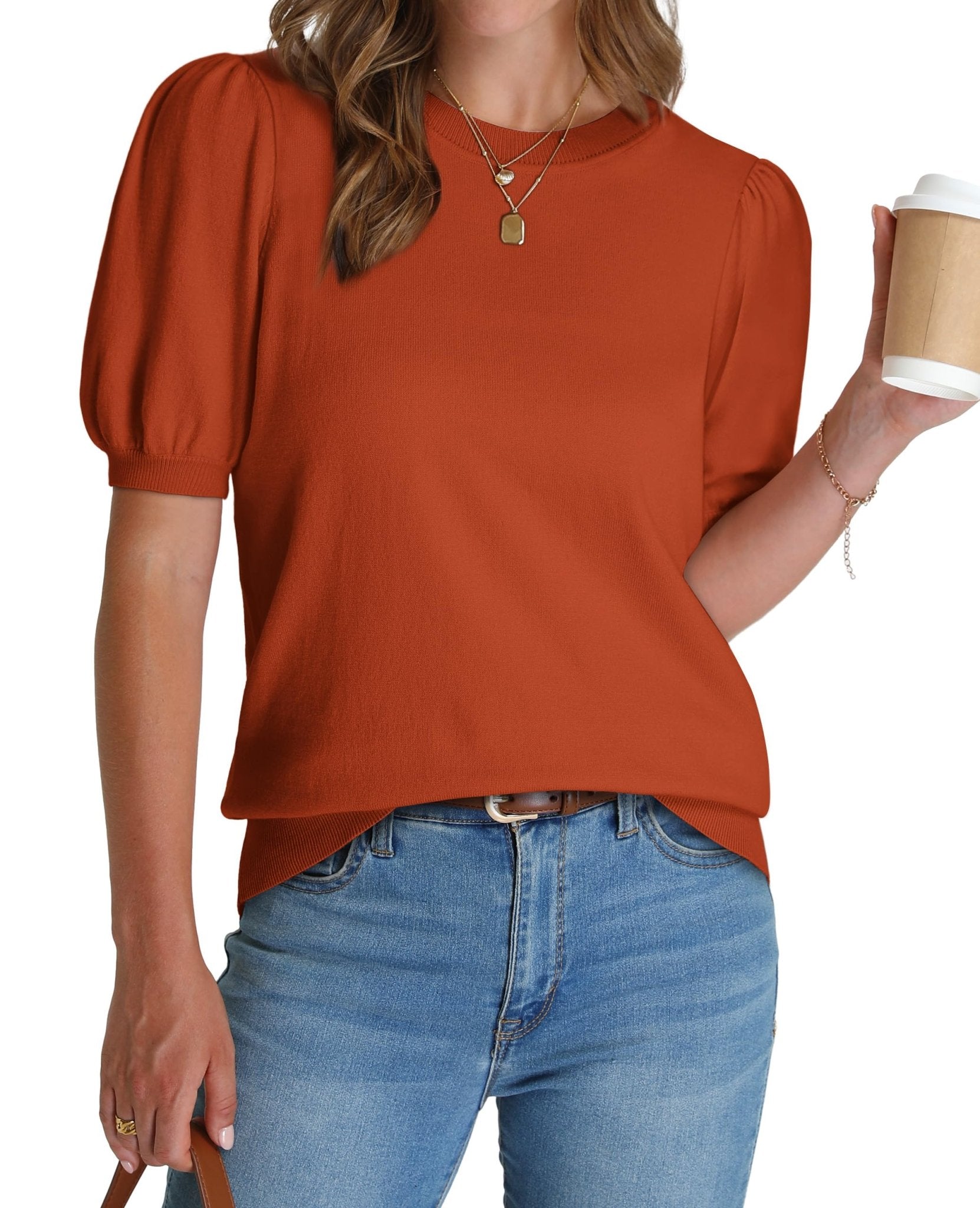 WIHOLL Women's Puff Short Sleeve Sweater 2025 Spring Summer Tops Trendy Business Casual Outfits Work Blouses Clothes - 7DAY'S