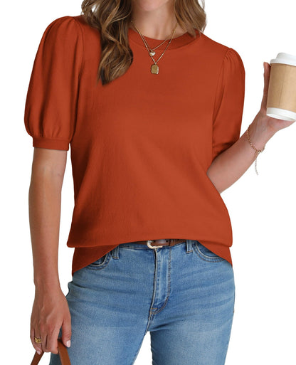 WIHOLL Women's Puff Short Sleeve Sweater 2025 Spring Summer Tops Trendy Business Casual Outfits Work Blouses Clothes - 7DAY'S