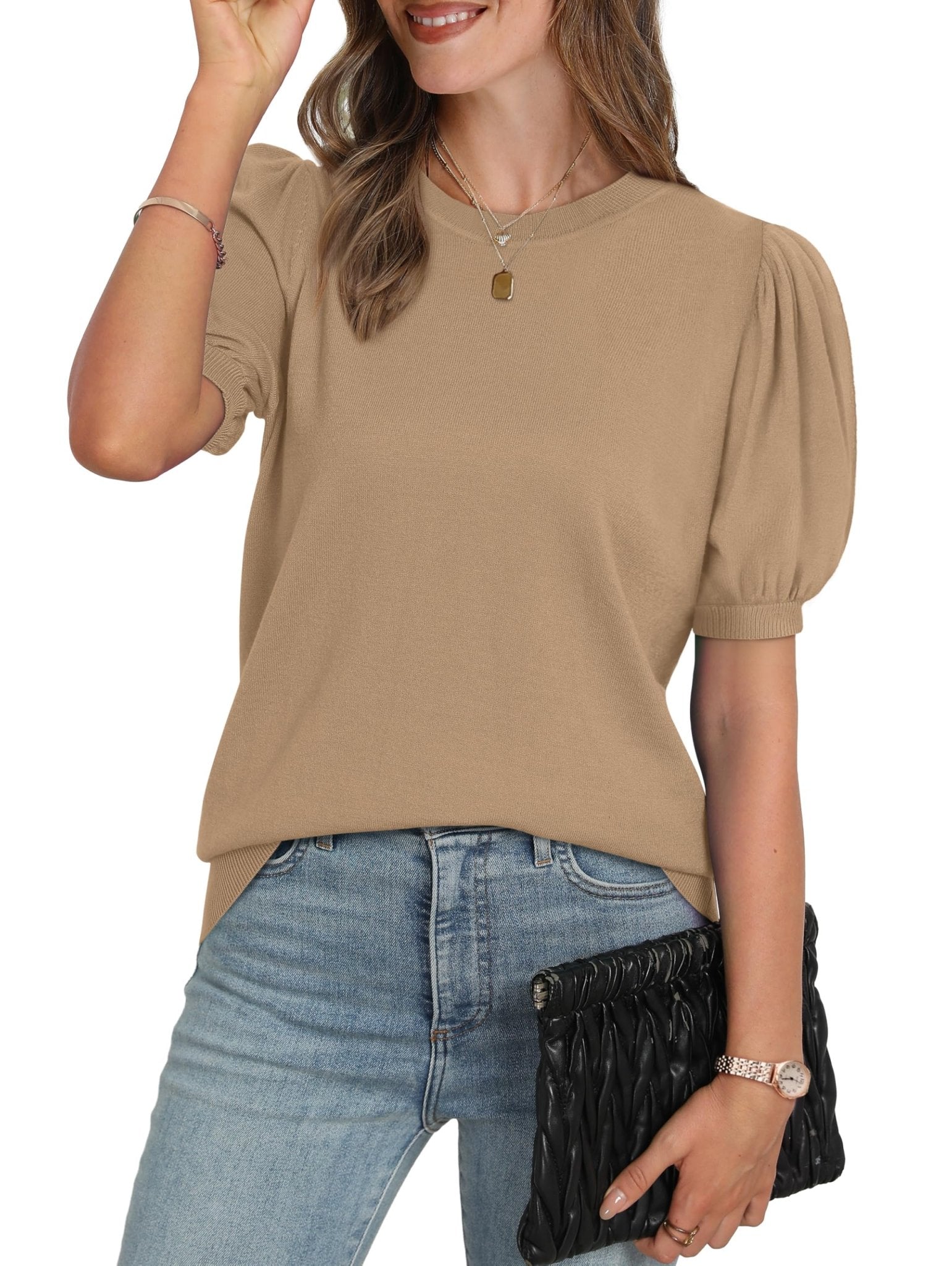 WIHOLL Women's Puff Short Sleeve Sweater 2025 Spring Summer Tops Trendy Business Casual Outfits Work Blouses Clothes - 7DAY'S