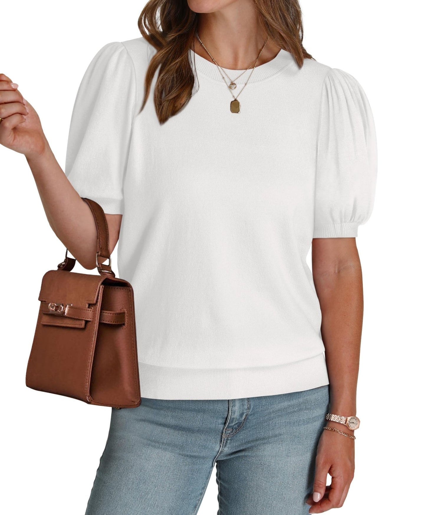 WIHOLL Women's Puff Short Sleeve Sweater 2025 Spring Summer Tops Trendy Business Casual Outfits Work Blouses Clothes - 7DAY'S
