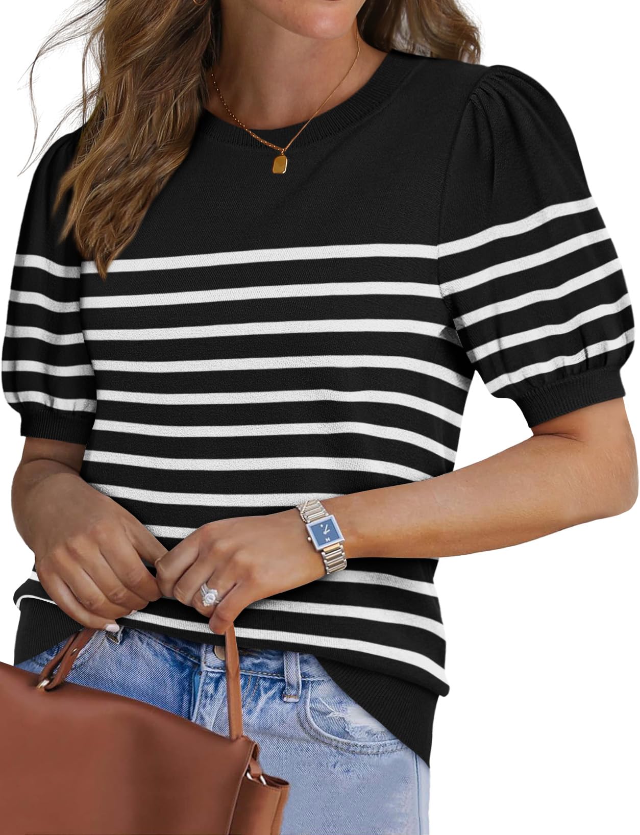 WIHOLL Women's Puff Short Sleeve Sweater 2025 Spring Summer Tops Trendy Business Casual Outfits Work Blouses Clothes - 7DAY'S