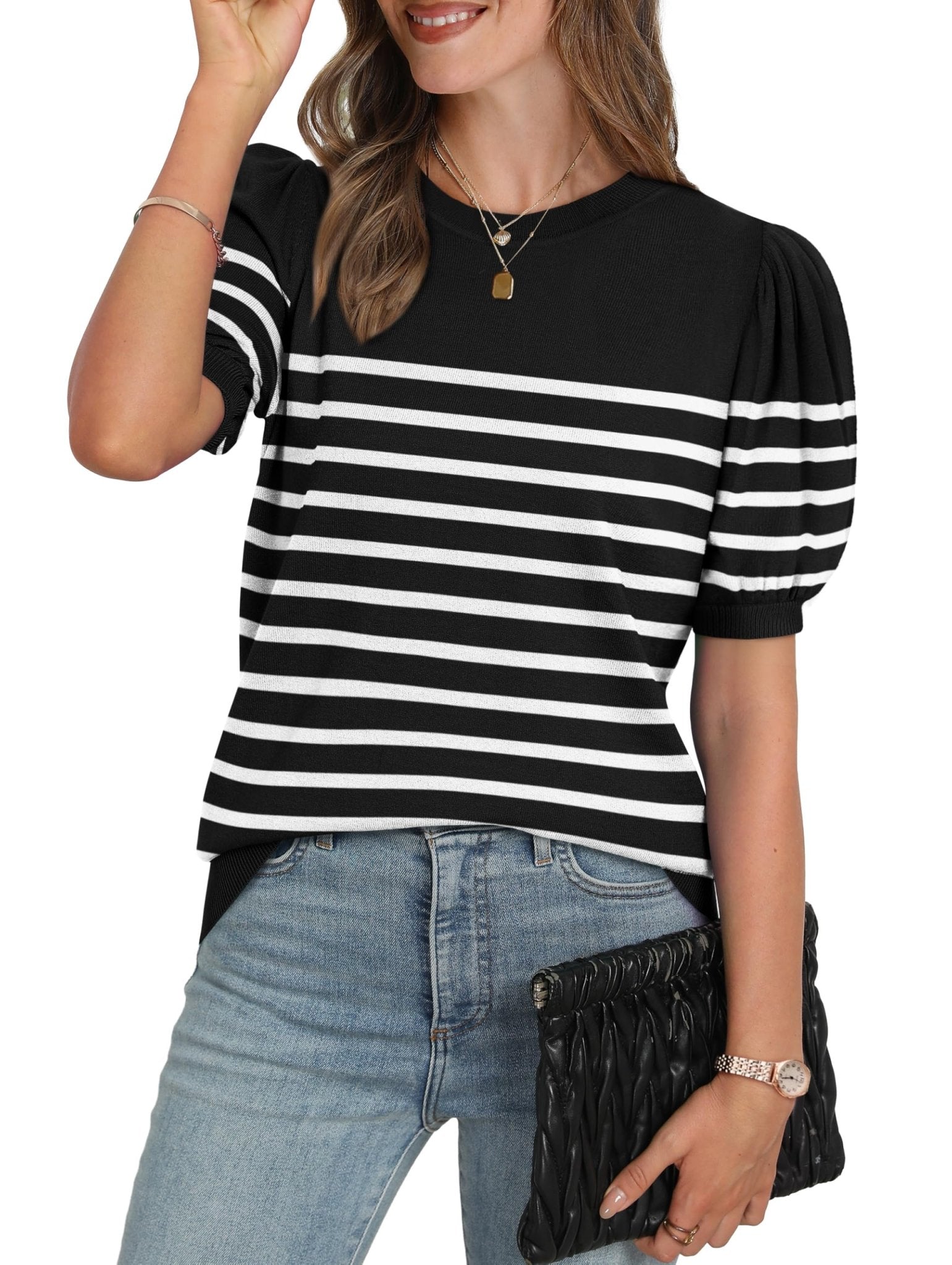 WIHOLL Women's Puff Short Sleeve Sweater 2025 Spring Summer Tops Trendy Business Casual Outfits Work Blouses Clothes - 7DAY'S