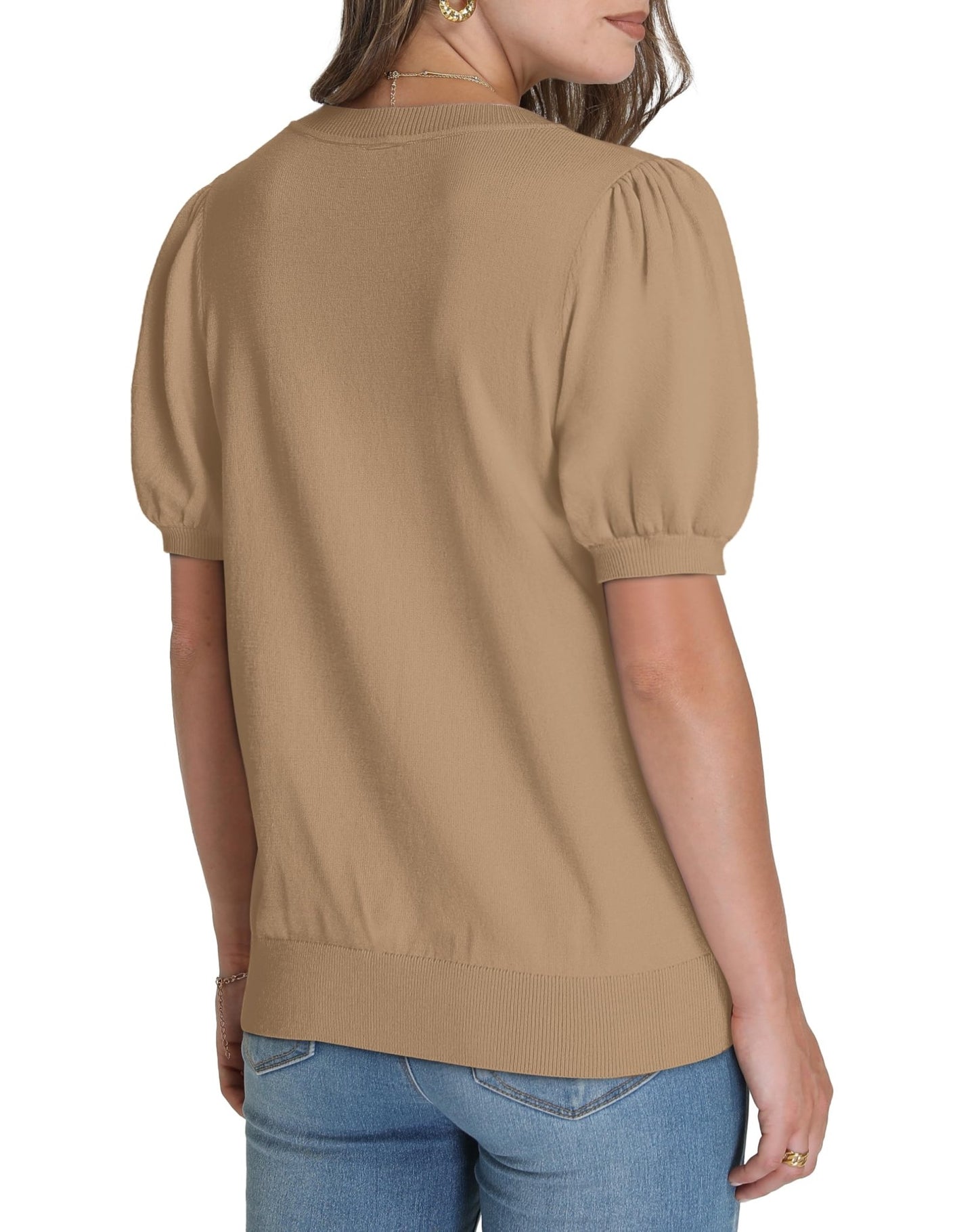 WIHOLL Women's Puff Short Sleeve Sweater 2025 Spring Summer Tops Trendy Business Casual Outfits Work Blouses Clothes - 7DAY'S
