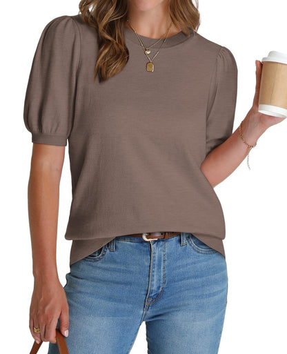 WIHOLL Women's Puff Short Sleeve Sweater 2025 Spring Summer Tops Trendy Business Casual Outfits Work Blouses Clothes - 7DAY'S