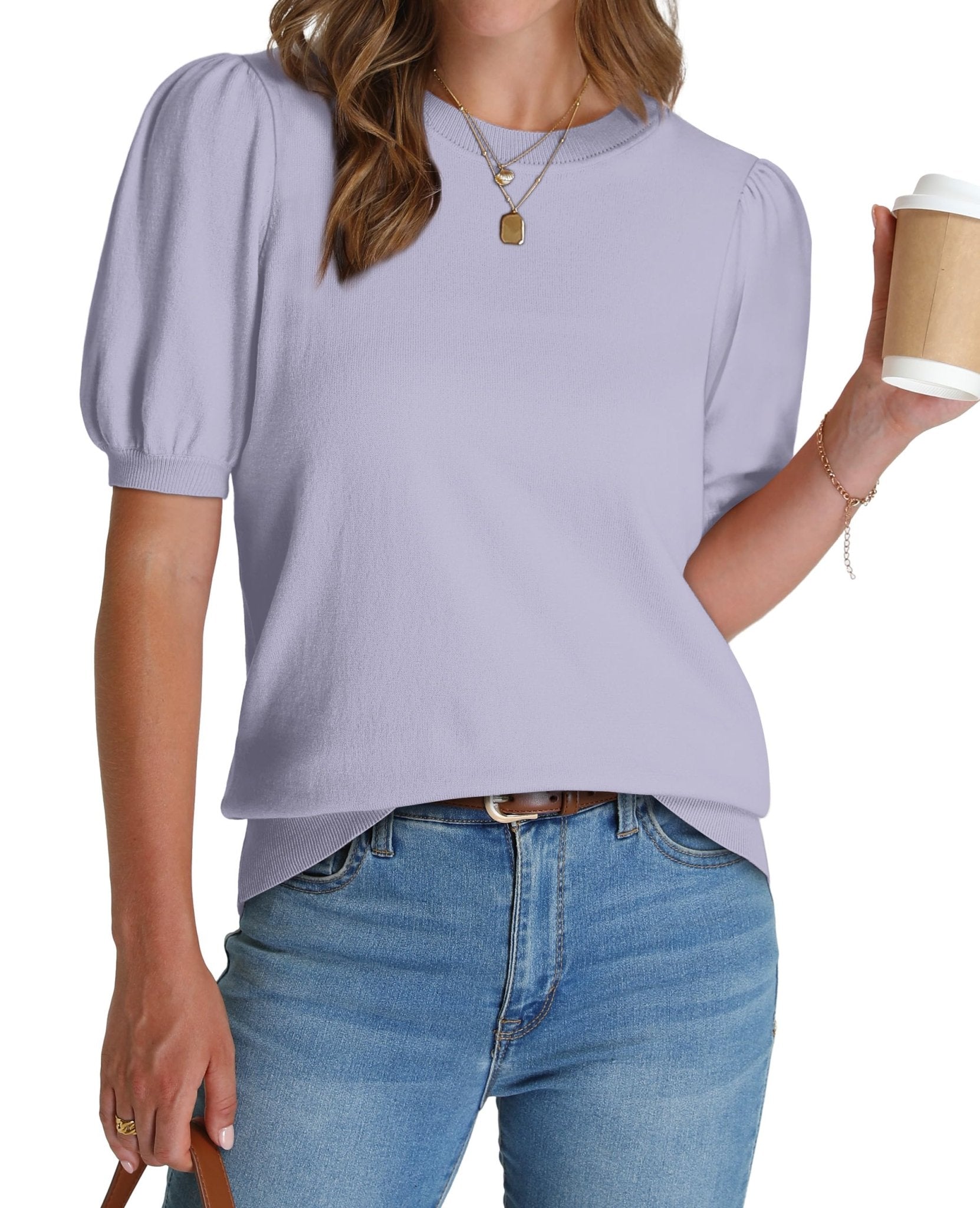 WIHOLL Women's Puff Short Sleeve Sweater 2025 Spring Summer Tops Trendy Business Casual Outfits Work Blouses Clothes - 7DAY'S