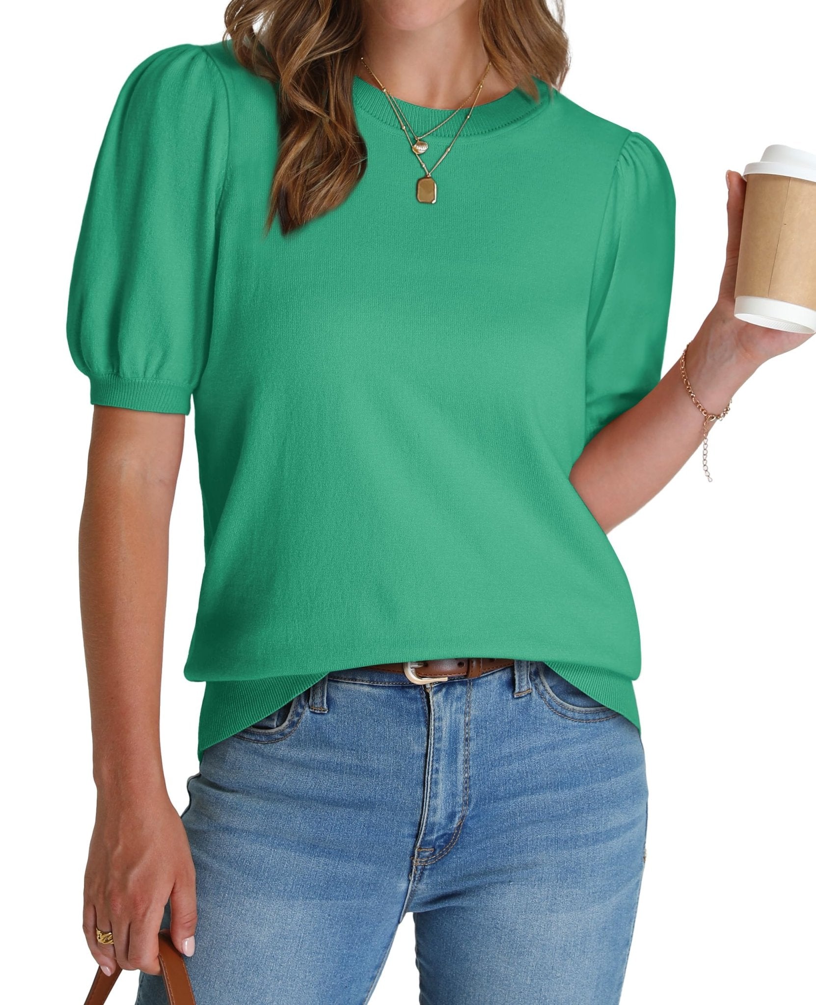 WIHOLL Women's Puff Short Sleeve Sweater 2025 Spring Summer Tops Trendy Business Casual Outfits Work Blouses Clothes - 7DAY'S