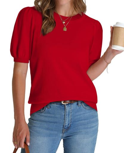 WIHOLL Women's Puff Short Sleeve Sweater 2025 Spring Summer Tops Trendy Business Casual Outfits Work Blouses Clothes - 7DAY'S