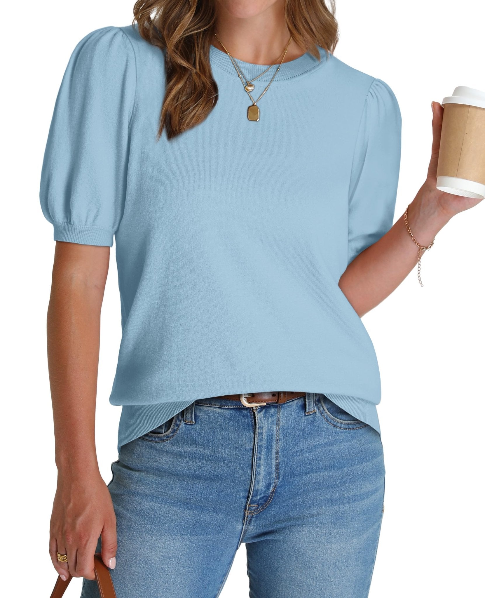 WIHOLL Women's Puff Short Sleeve Sweater 2025 Spring Summer Tops Trendy Business Casual Outfits Work Blouses Clothes - 7DAY'S