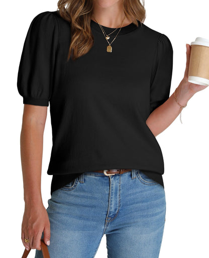 WIHOLL Women's Puff Short Sleeve Sweater 2025 Spring Summer Tops Trendy Business Casual Outfits Work Blouses Clothes - 7DAY'S