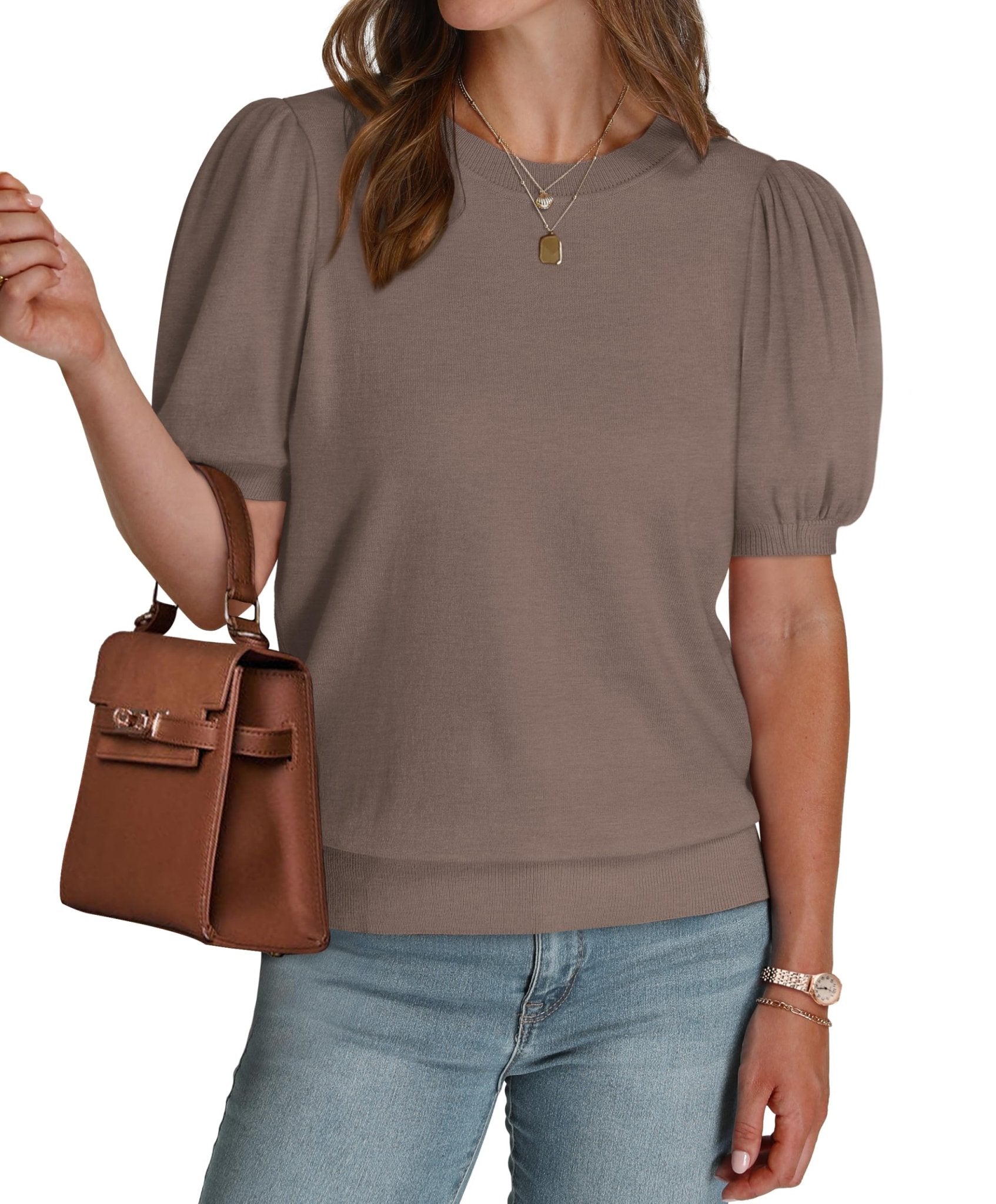 WIHOLL Women's Puff Short Sleeve Sweater 2025 Spring Summer Tops Trendy Business Casual Outfits Work Blouses Clothes - 7DAY'S