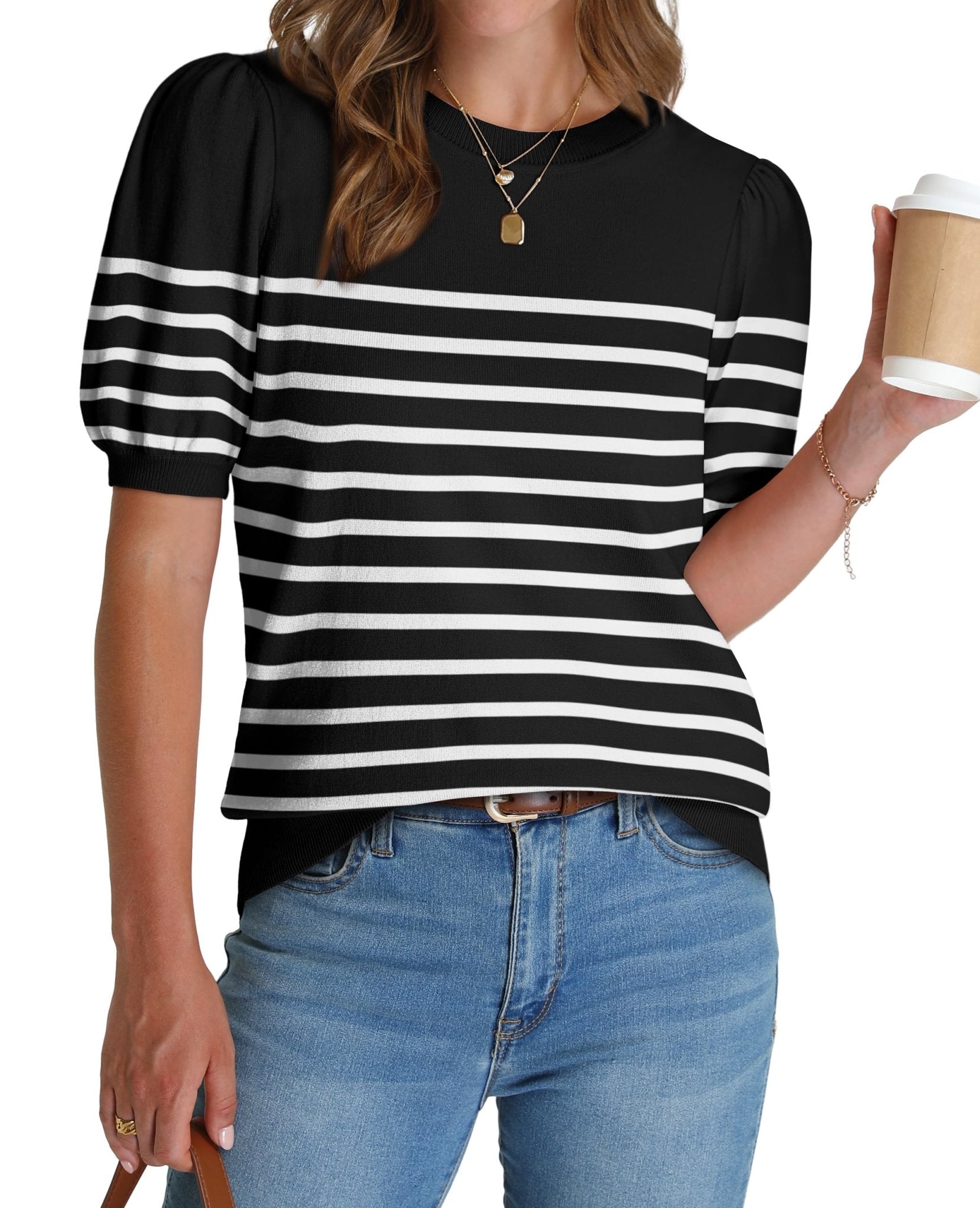 WIHOLL Women's Puff Short Sleeve Sweater 2025 Spring Summer Tops Trendy Business Casual Outfits Work Blouses Clothes - 7DAY'S