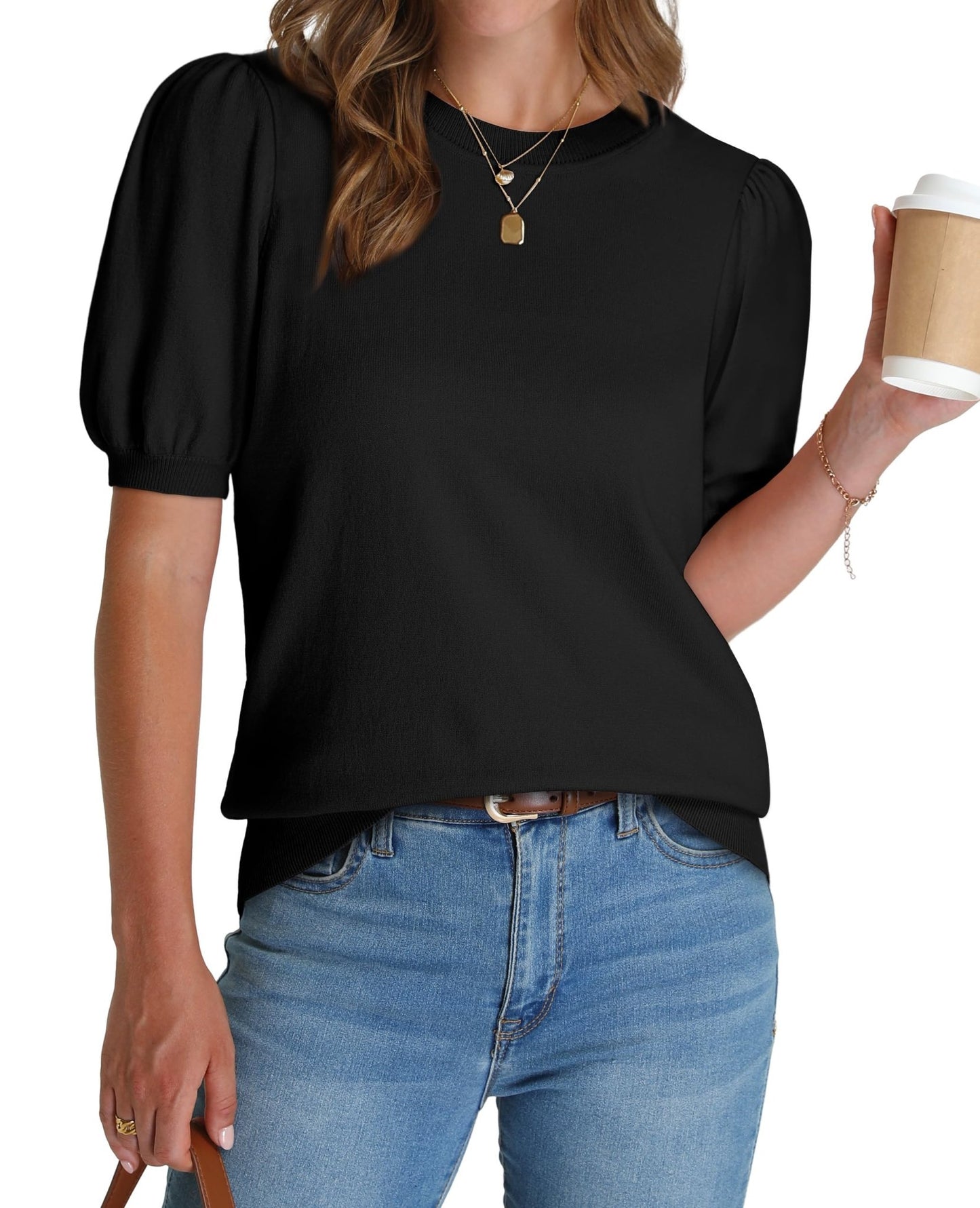 WIHOLL Women's Puff Short Sleeve Sweater 2025 Spring Summer Tops Trendy Business Casual Outfits Work Blouses Clothes - 7DAY'S
