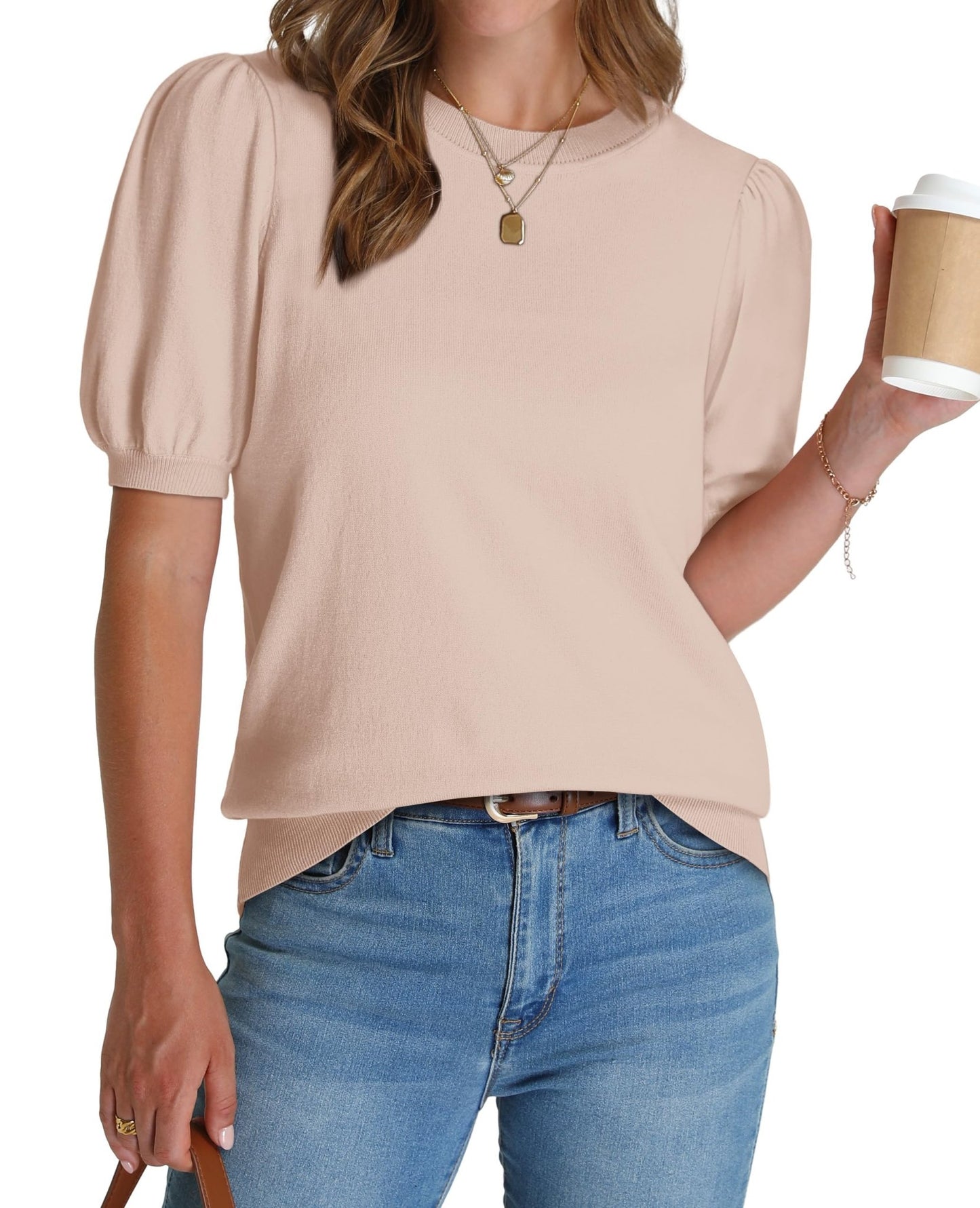 WIHOLL Women's Puff Short Sleeve Sweater 2025 Spring Summer Tops Trendy Business Casual Outfits Work Blouses Clothes - 7DAY'S