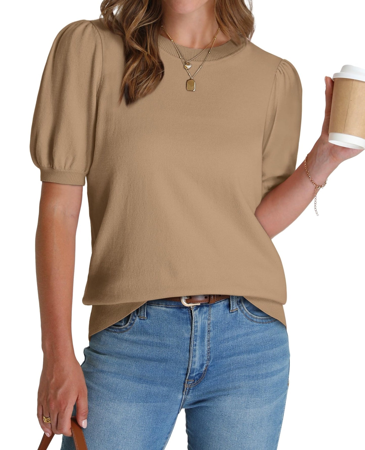 WIHOLL Women's Puff Short Sleeve Sweater 2025 Spring Summer Tops Trendy Business Casual Outfits Work Blouses Clothes - 7DAY'S