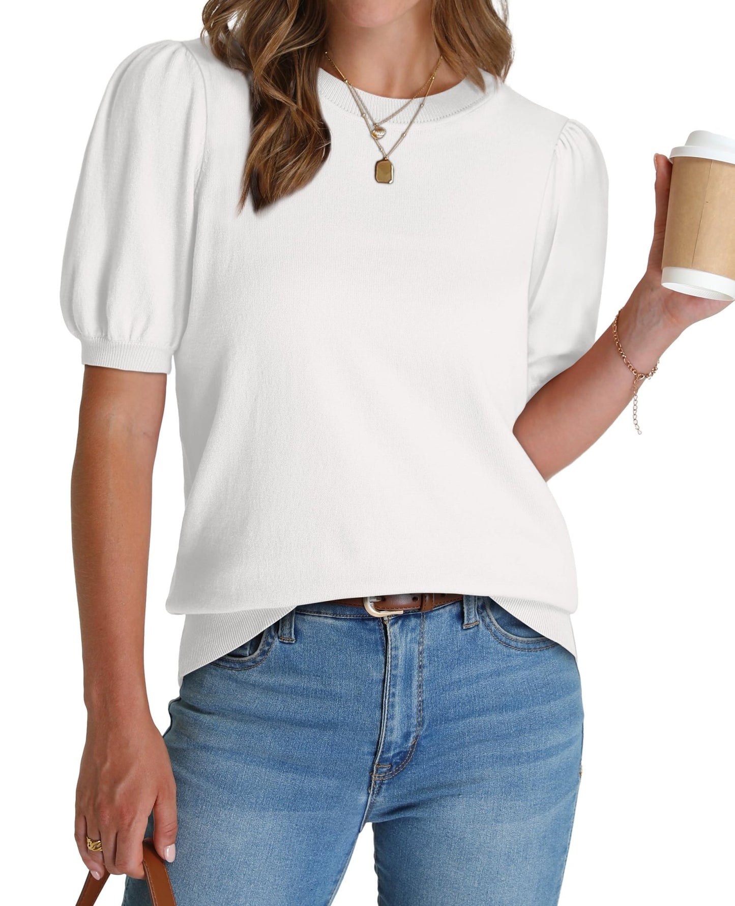 WIHOLL Women's Puff Short Sleeve Sweater 2025 Spring Summer Tops Trendy Business Casual Outfits Work Blouses Clothes - 7DAY'S