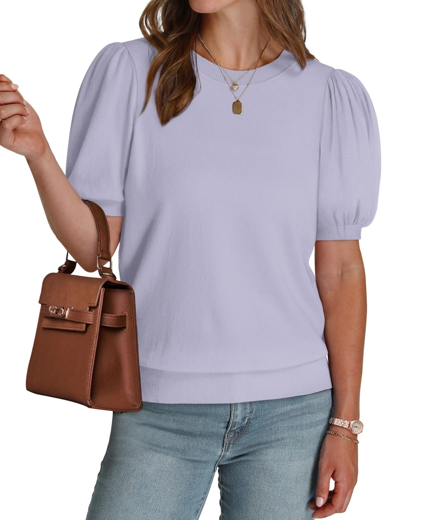 WIHOLL Women's Puff Short Sleeve Sweater 2025 Spring Summer Tops Trendy Business Casual Outfits Work Blouses Clothes - 7DAY'S