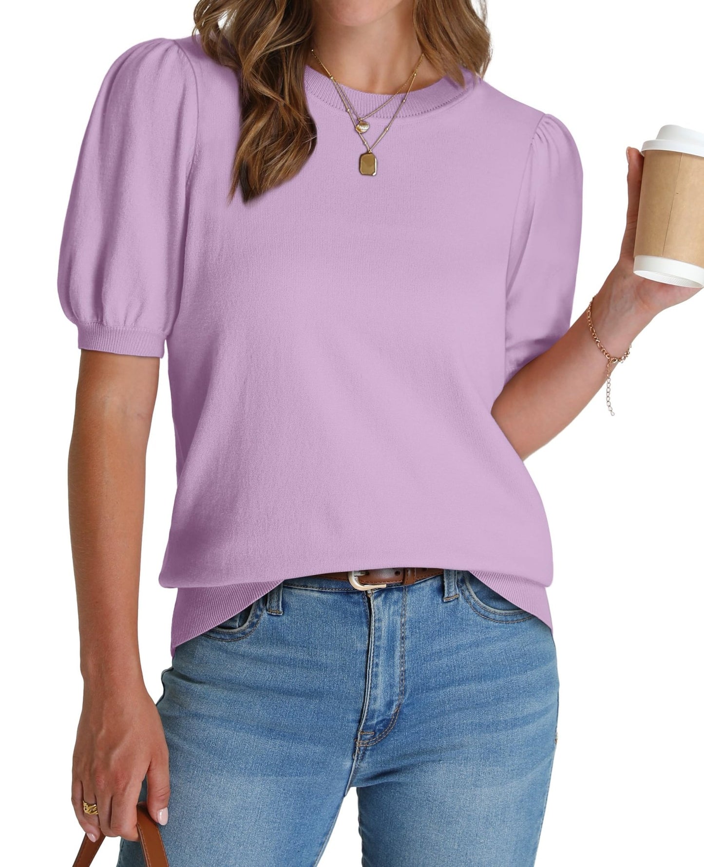 WIHOLL Women's Puff Short Sleeve Sweater 2025 Spring Summer Tops Trendy Business Casual Outfits Work Blouses Clothes - 7DAY'S