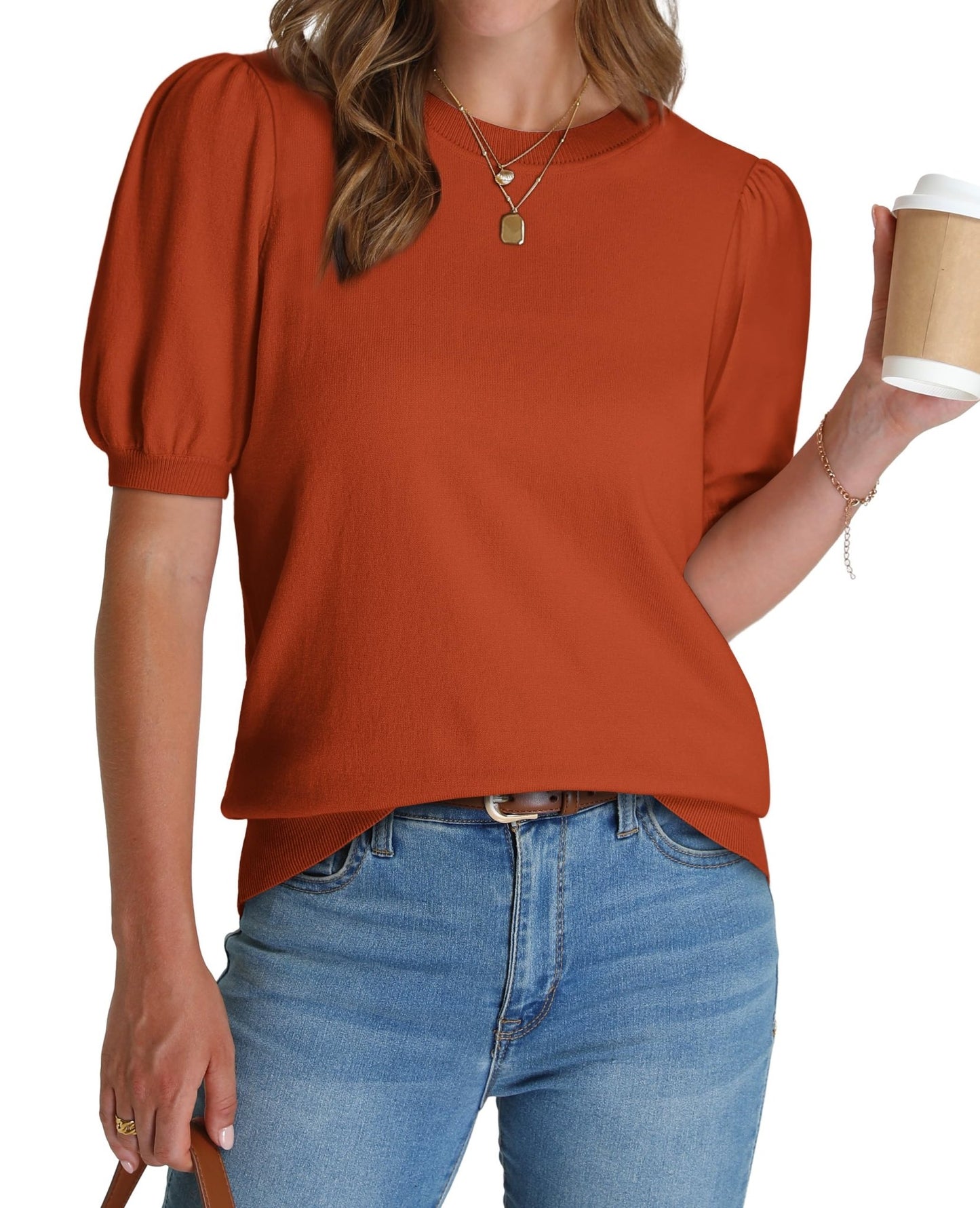 WIHOLL Women's Puff Short Sleeve Sweater 2025 Spring Summer Tops Trendy Business Casual Outfits Work Blouses Clothes - 7DAY'S