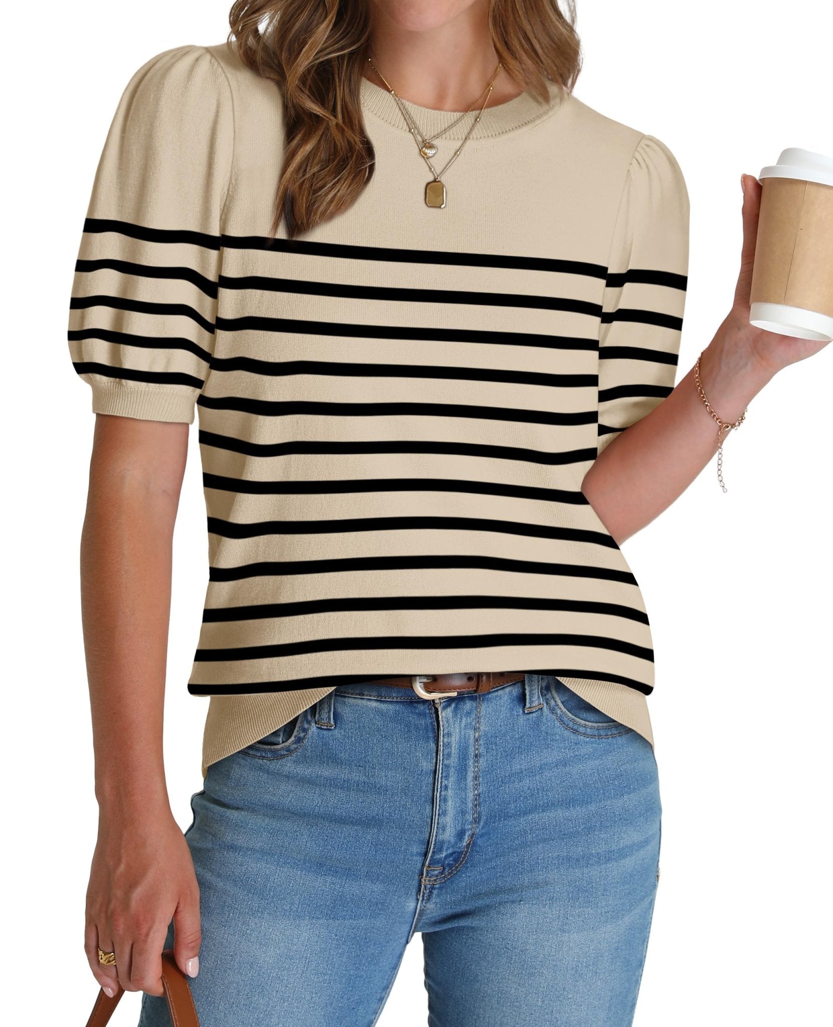 WIHOLL Women's Puff Short Sleeve Sweater 2025 Spring Summer Tops Trendy Business Casual Outfits Work Blouses Clothes - 7DAY'S