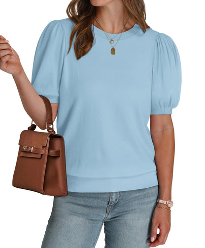 WIHOLL Women's Puff Short Sleeve Sweater 2025 Spring Summer Tops Trendy Business Casual Outfits Work Blouses Clothes - 7DAY'S