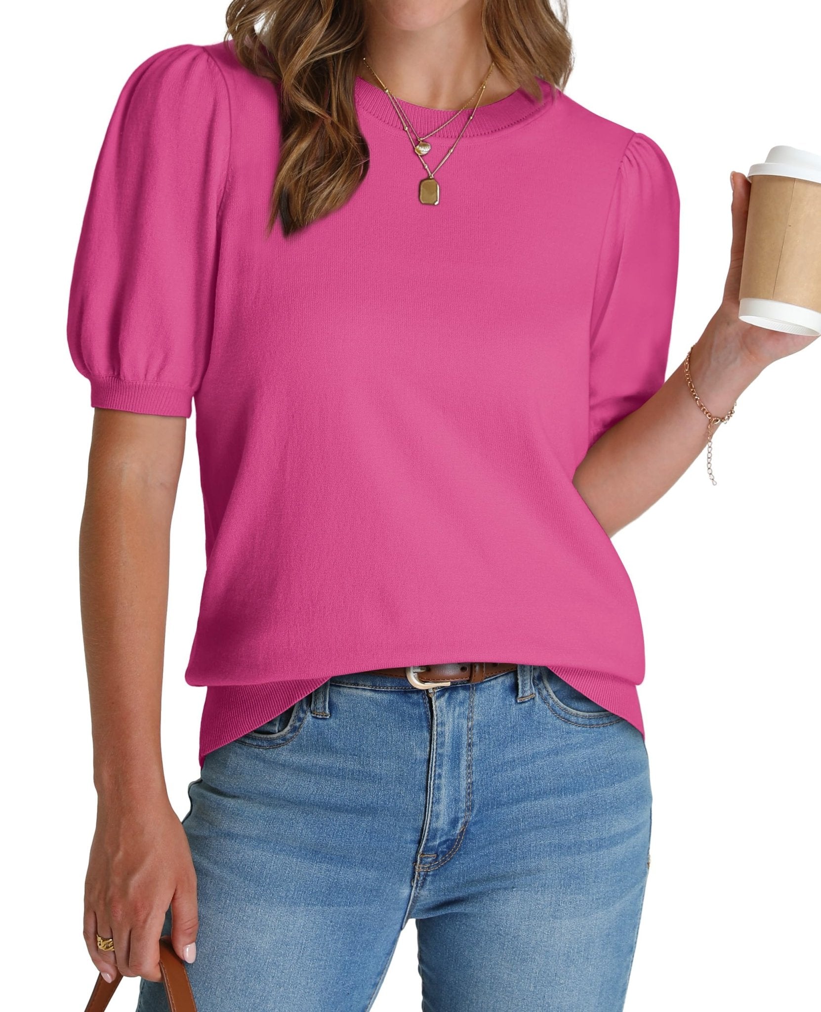 WIHOLL Women's Puff Short Sleeve Sweater 2025 Spring Summer Tops Trendy Business Casual Outfits Work Blouses Clothes - 7DAY'S