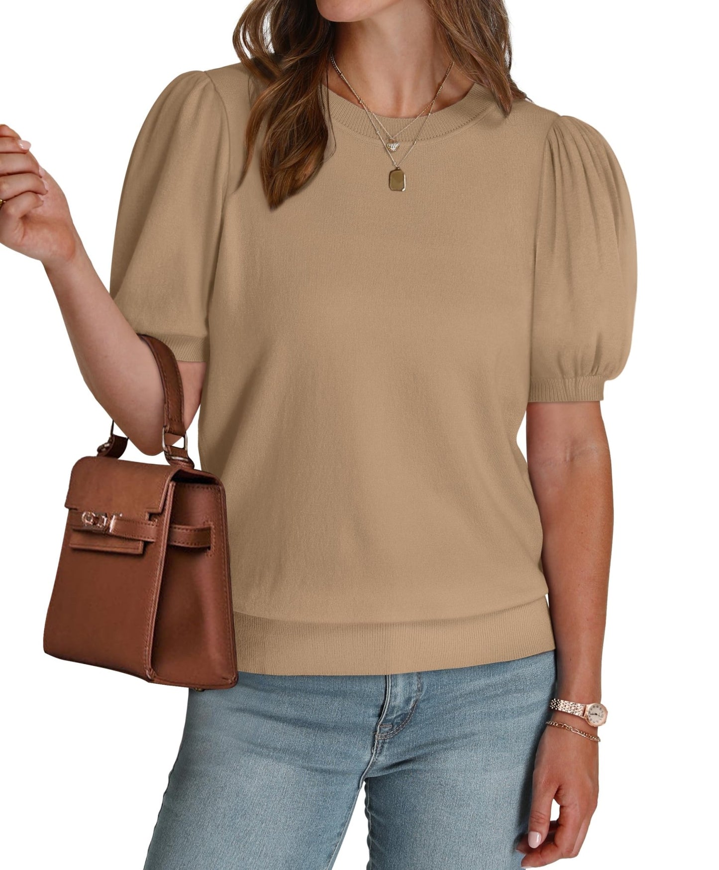 WIHOLL Women's Puff Short Sleeve Sweater 2025 Spring Summer Tops Trendy Business Casual Outfits Work Blouses Clothes - 7DAY'S