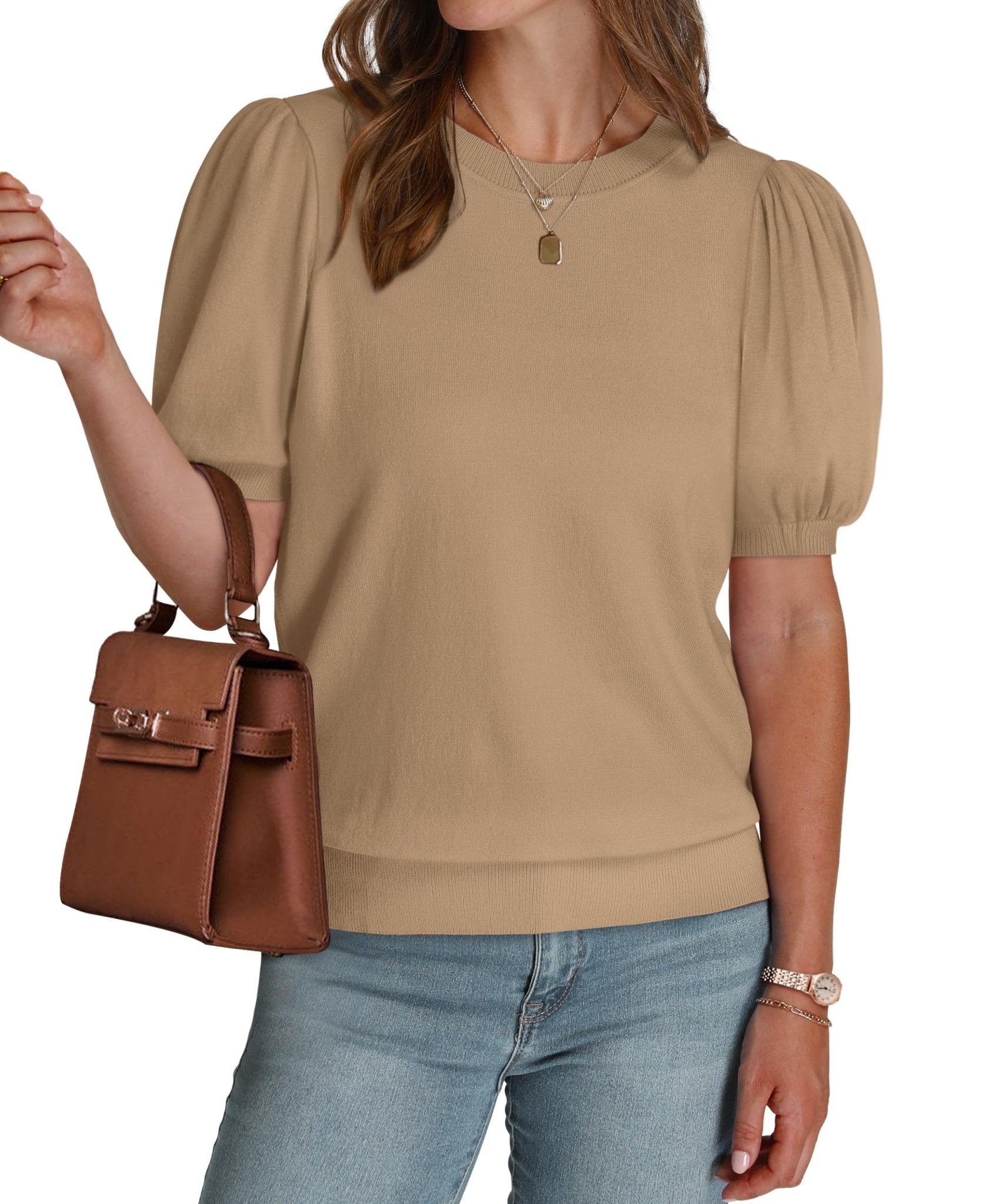 WIHOLL Women's Puff Short Sleeve Sweater 2025 Spring Summer Tops Trendy Business Casual Outfits Work Blouses Clothes - 7DAY'S