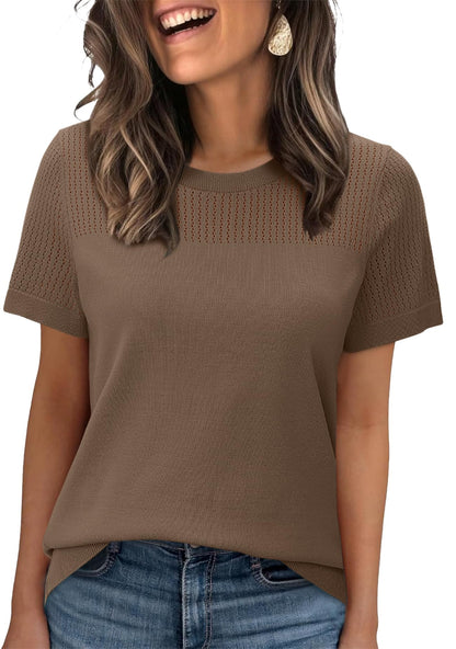 WIHOLL Women’s Short Sleeve Sweater 2025 Spring Summer Tops Pointelle Knit Business Casual Outfits Work Blouses Clothes - 7DAY'S