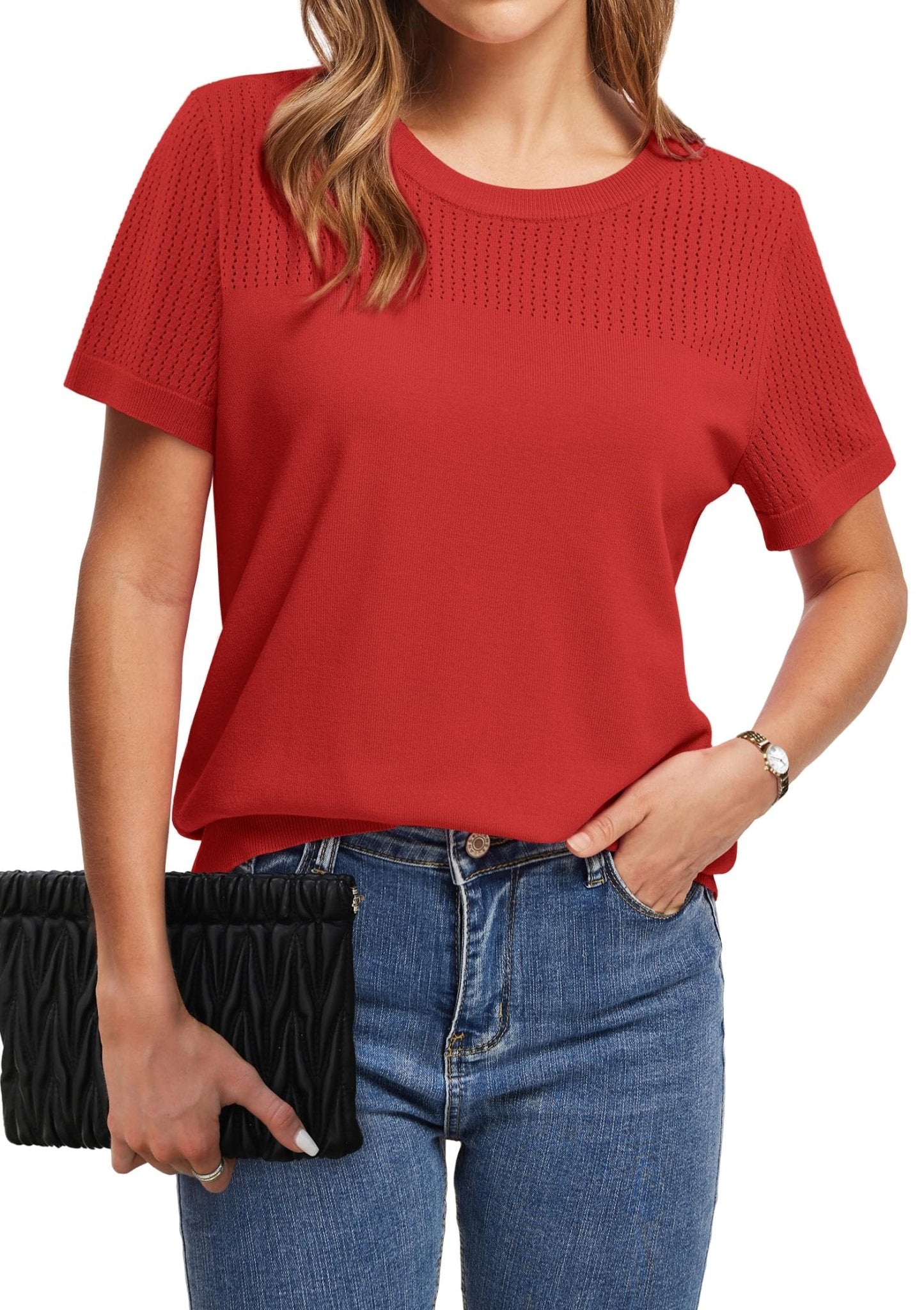 WIHOLL Women’s Short Sleeve Sweater 2025 Spring Summer Tops Pointelle Knit Business Casual Outfits Work Blouses Clothes - 7DAY'S