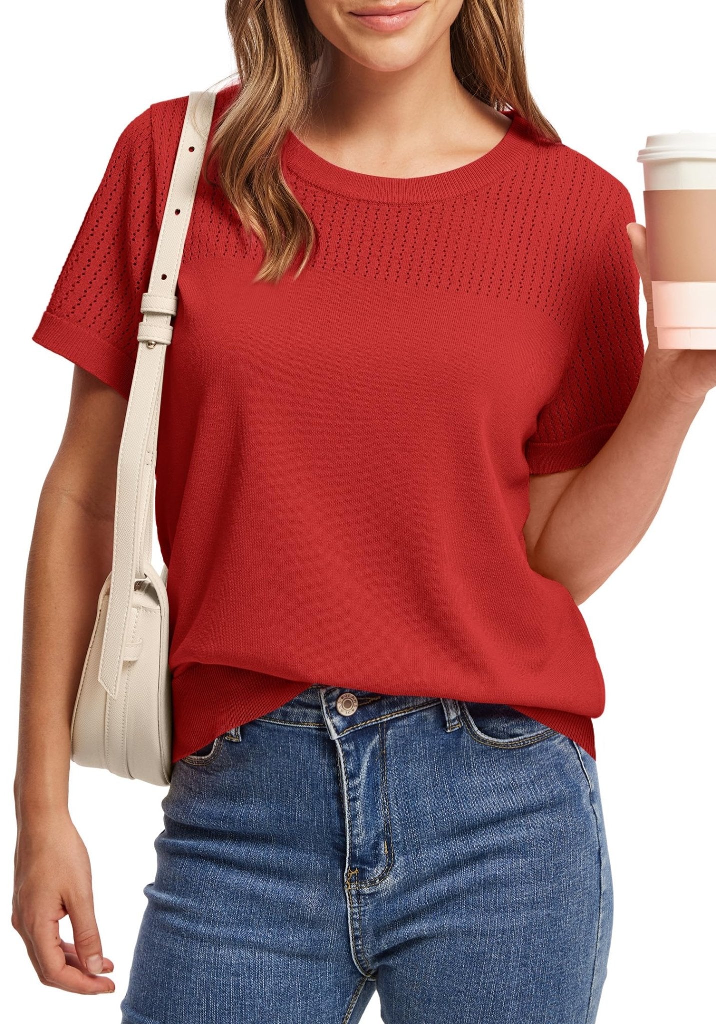 WIHOLL Women’s Short Sleeve Sweater 2025 Spring Summer Tops Pointelle Knit Business Casual Outfits Work Blouses Clothes - 7DAY'S