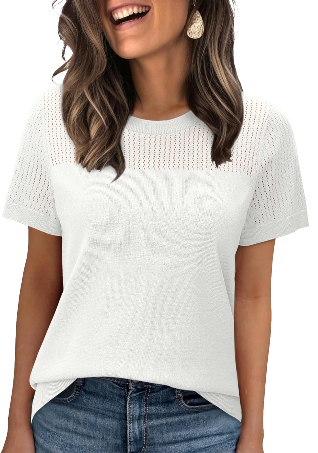 WIHOLL Women’s Short Sleeve Sweater 2025 Spring Summer Tops Pointelle Knit Business Casual Outfits Work Blouses Clothes - 7DAY'S
