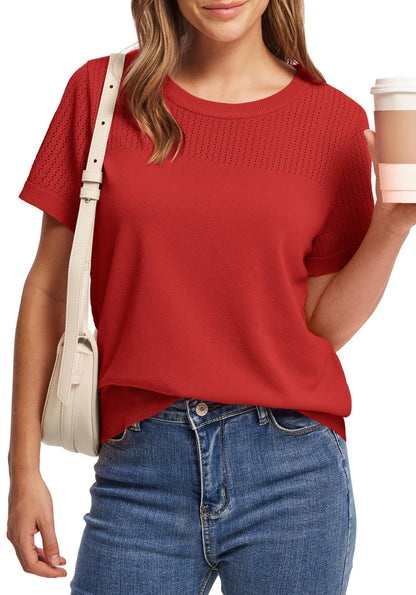 WIHOLL Women’s Short Sleeve Sweater 2025 Spring Summer Tops Pointelle Knit Business Casual Outfits Work Blouses Clothes - 7DAY'S