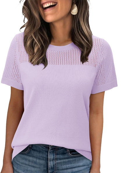 WIHOLL Women’s Short Sleeve Sweater 2025 Spring Summer Tops Pointelle Knit Business Casual Outfits Work Blouses Clothes - 7DAY'S