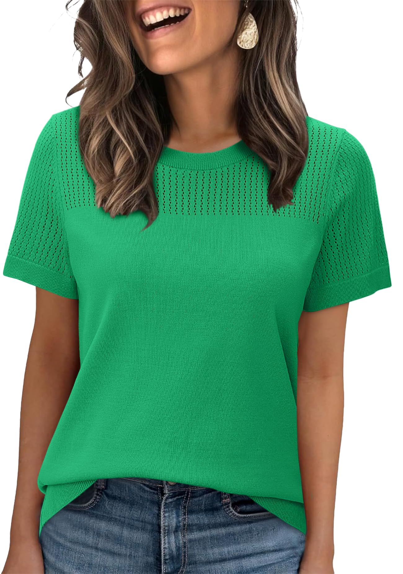 WIHOLL Women’s Short Sleeve Sweater 2025 Spring Summer Tops Pointelle Knit Business Casual Outfits Work Blouses Clothes - 7DAY'S