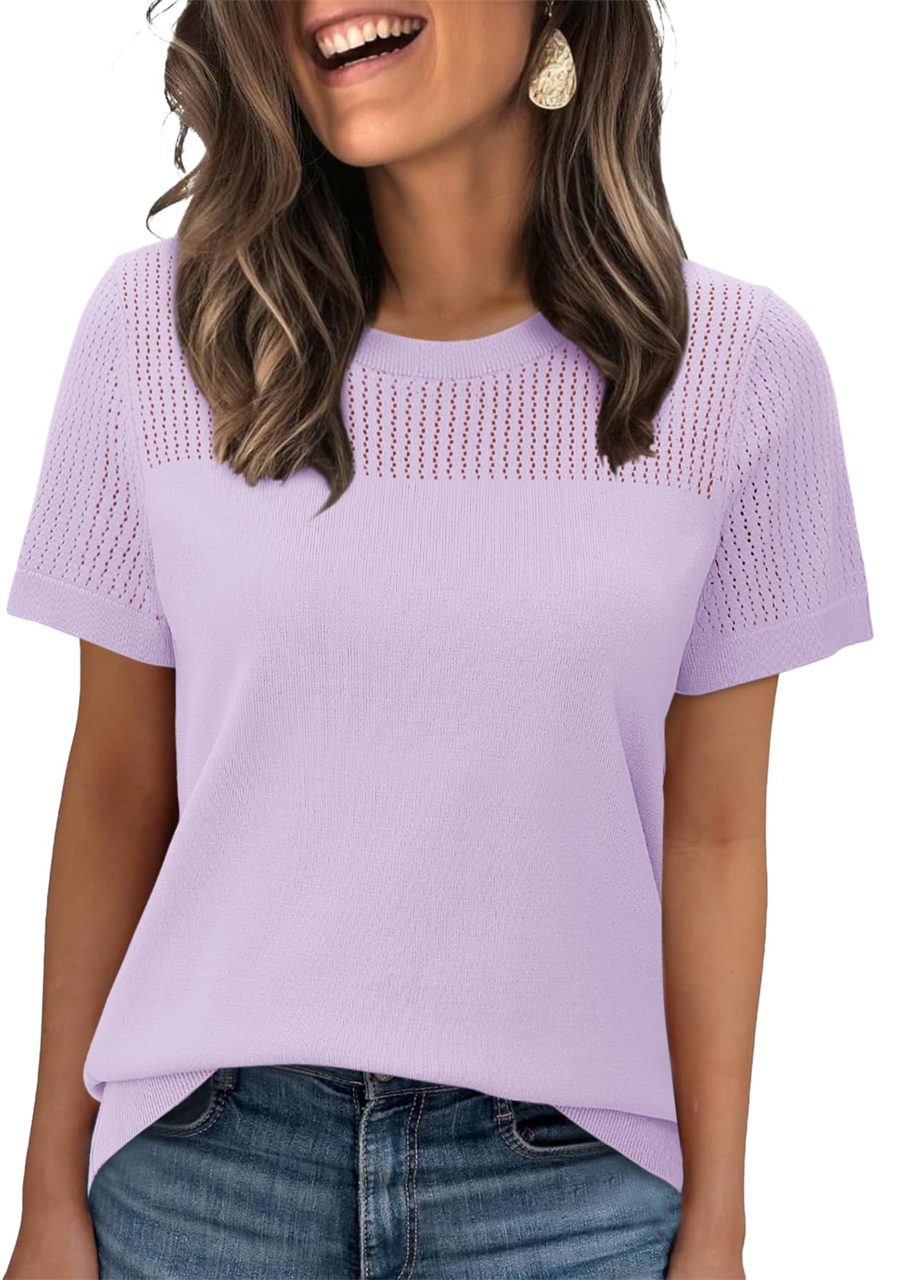 WIHOLL Women’s Short Sleeve Sweater 2025 Spring Summer Tops Pointelle Knit Business Casual Outfits Work Blouses Clothes - 7DAY'S