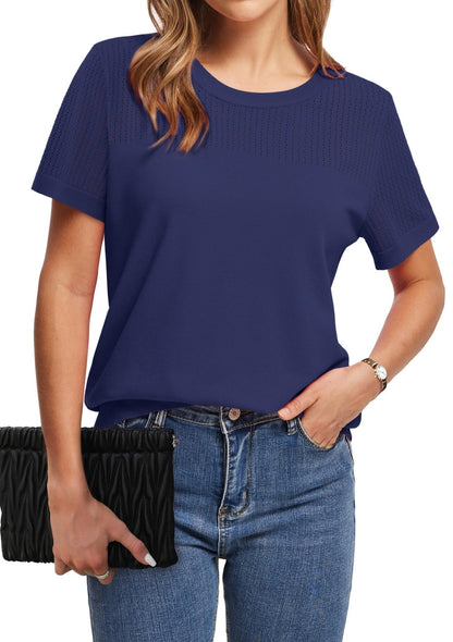 WIHOLL Women’s Short Sleeve Sweater 2025 Spring Summer Tops Pointelle Knit Business Casual Outfits Work Blouses Clothes - 7DAY'S