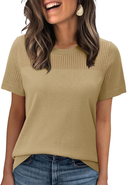 WIHOLL Women’s Short Sleeve Sweater 2025 Spring Summer Tops Pointelle Knit Business Casual Outfits Work Blouses Clothes - 7DAY'S