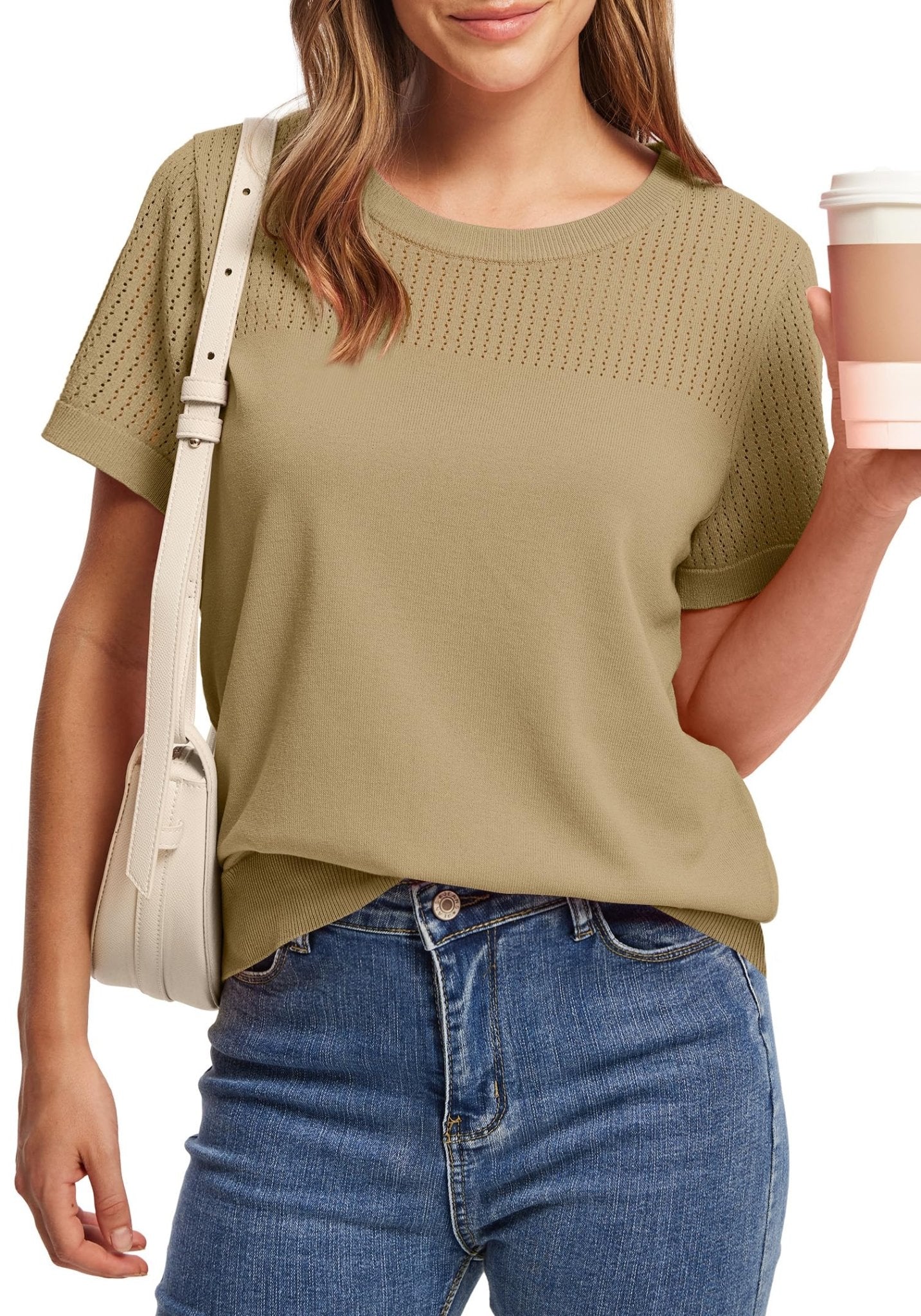 WIHOLL Women’s Short Sleeve Sweater 2025 Spring Summer Tops Pointelle Knit Business Casual Outfits Work Blouses Clothes - 7DAY'S