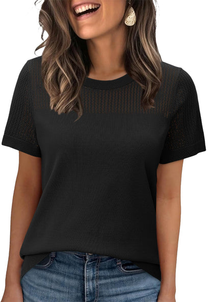 WIHOLL Women’s Short Sleeve Sweater 2025 Spring Summer Tops Pointelle Knit Business Casual Outfits Work Blouses Clothes - 7DAY'S