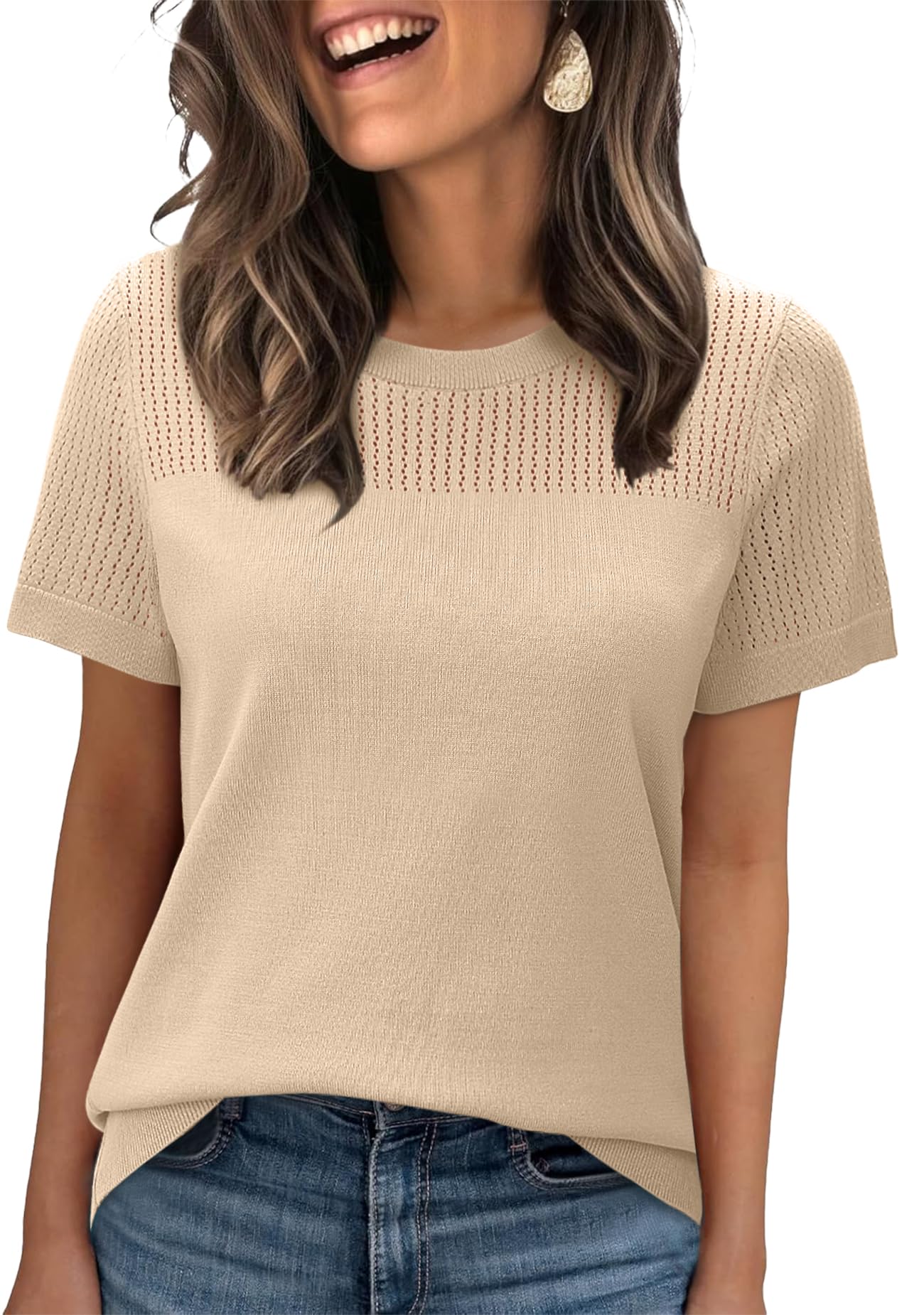 WIHOLL Women’s Short Sleeve Sweater 2025 Spring Summer Tops Pointelle Knit Business Casual Outfits Work Blouses Clothes - 7DAY'S