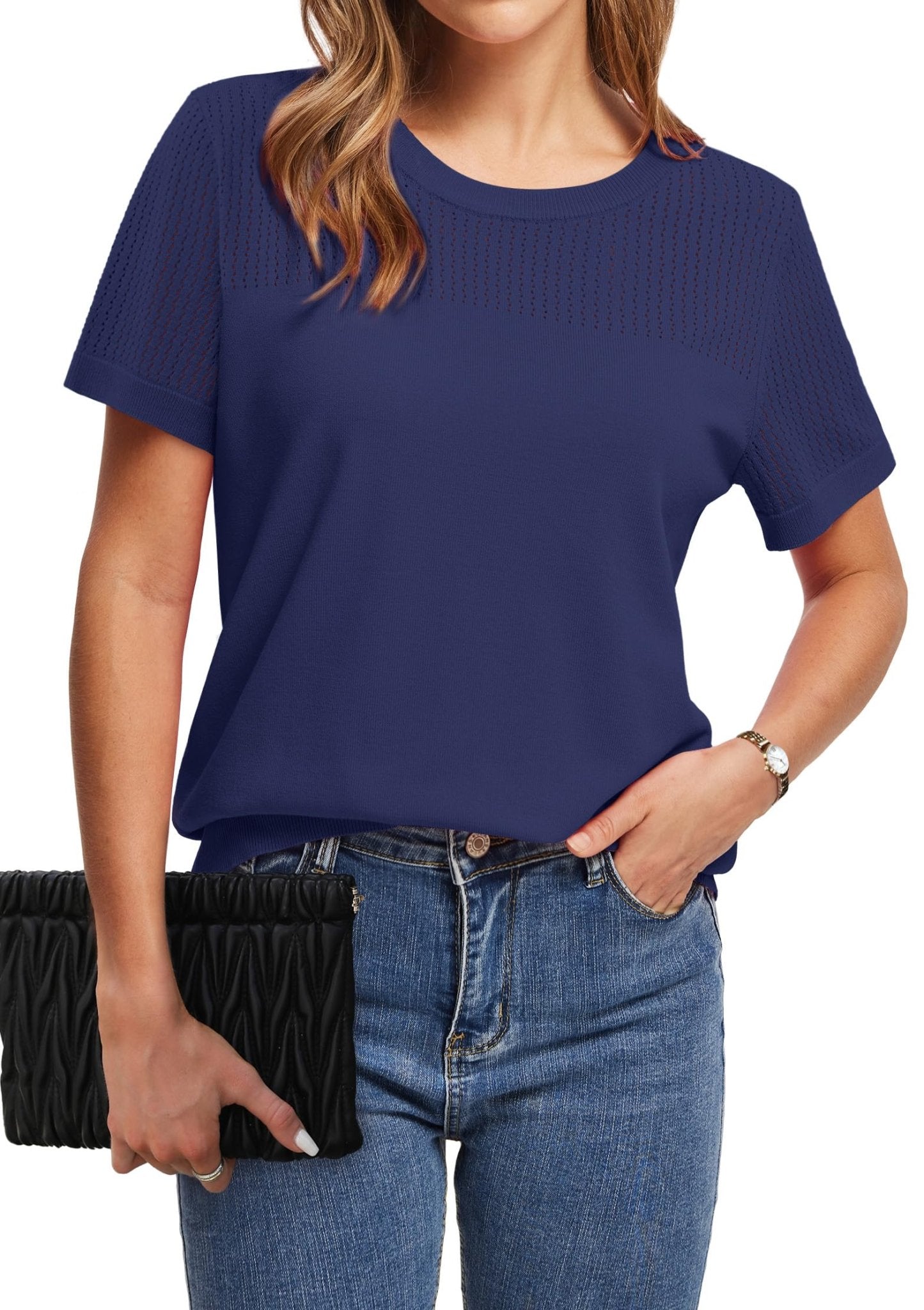 WIHOLL Women’s Short Sleeve Sweater 2025 Spring Summer Tops Pointelle Knit Business Casual Outfits Work Blouses Clothes - 7DAY'S