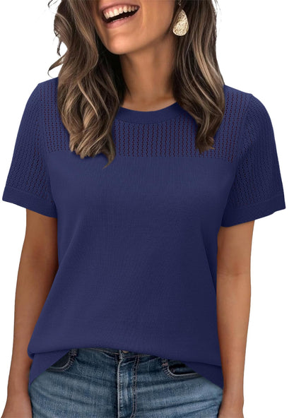 WIHOLL Women’s Short Sleeve Sweater 2025 Spring Summer Tops Pointelle Knit Business Casual Outfits Work Blouses Clothes - 7DAY'S