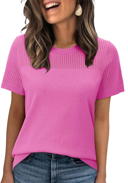 WIHOLL Women’s Short Sleeve Sweater 2025 Spring Summer Tops Pointelle Knit Business Casual Outfits Work Blouses Clothes - 7DAY'S