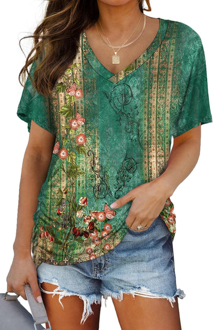 WIHOLL Womens Short Sleeve V Neck Dolman Tops with Side Shirring Loose Fit Shirts - 7DAY'S