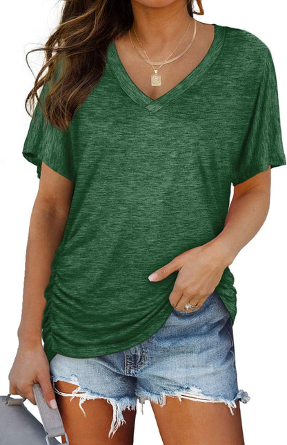 WIHOLL Womens Short Sleeve V Neck Dolman Tops with Side Shirring Loose Fit Shirts - 7DAY'S